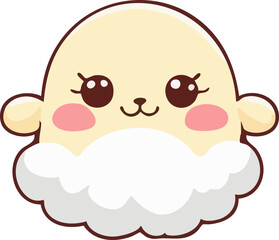 A cute pastel-yellow kawaii sheep face with fluffy white wool, big sparkling eyes, and soft rosy cheeks.