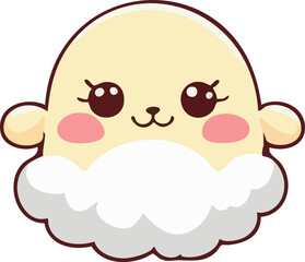 A cute pastel-yellow kawaii sheep face with fluffy white wool, big sparkling eyes, and soft rosy cheeks.