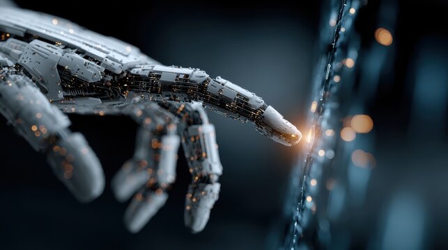 Robotic hand interacts with digital interface for document management system automation and data processing