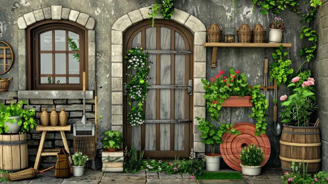 Explore a charming garden entrance with lush greenery, vibrant blooms, and rustic wood accents for a serene vibe