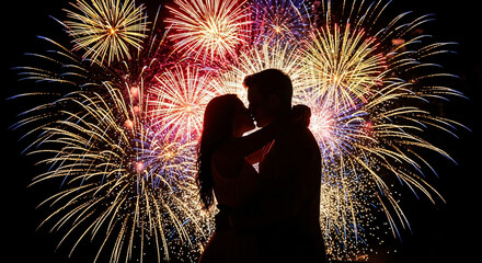 A romantic couple in silhouette, What Mood: Passionate and celebratory, What They Are Doing: Kissing under a vibrant fireworks display, What It Represents: Love, marriage or New Year’s Eve romance