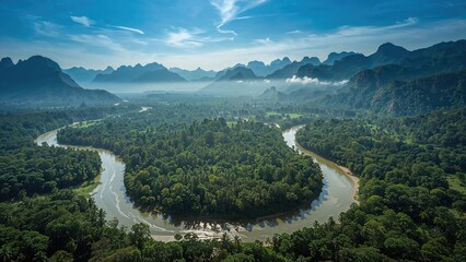 Aerial view of a winding river flowing through lush green forest with mountainous landscape in the background.