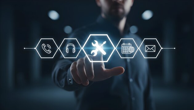 Customer service representative offering support with digital icons and technology