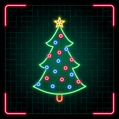 Christmas tree icon illustration, Christmas vector symbol collection, cyber neon visual, glowing borders frames.
