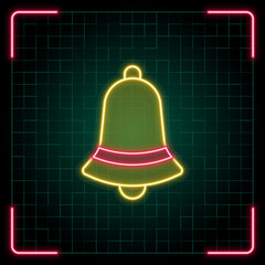 Bell icon illustration, Christmas vector symbol collection, cyber neon visual, glowing borders frames.