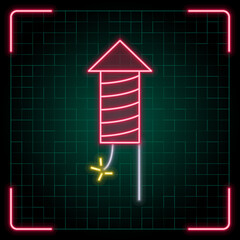 Firework rocket icon illustration, Christmas vector symbol collection, cyber neon visual, glowing borders frames.