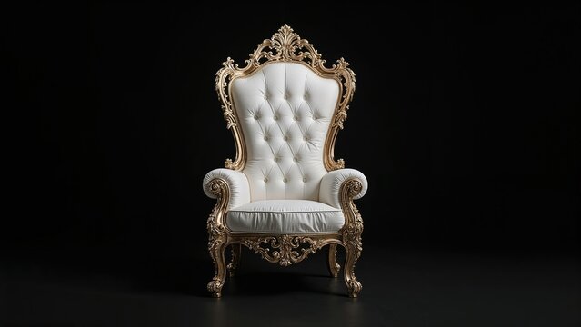 An ornate white throne chair with intricate gold detailing against a black background.