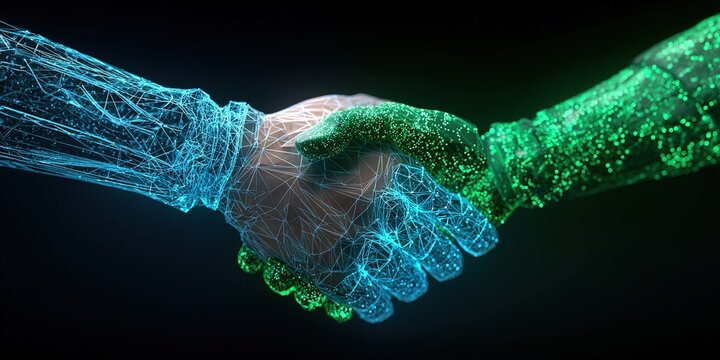 Digital handshake between blue and green virtual hands representing collaboration and technology in the digital age
