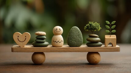 Achieving holistic wellbeing, balance of life essentials with heart, mind, home, and financial stability icons symbolizing growth and integration