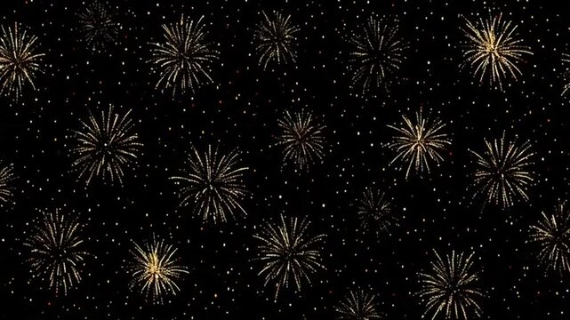 Vibrant Golden Fireworks Exploding in Dark Night Sky, Festive Celebration Background