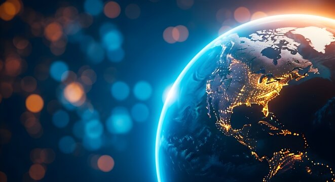 Glowing earth with digital overlay and bokeh lights background - Powered by Adobe
