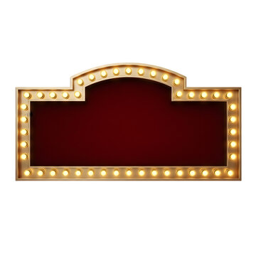 Classic golden marquee sign with glowing light bulbs and a blank red board, isolated on transparent background