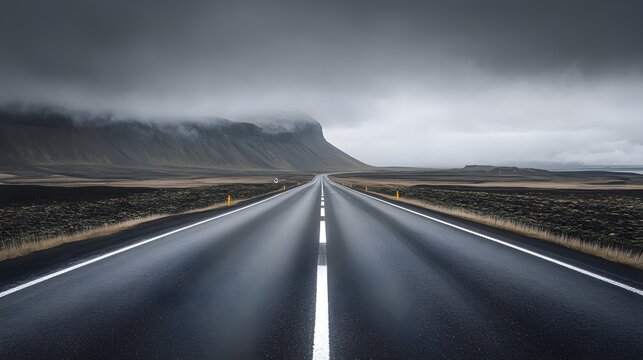 Wet asphalt road with white lines leading to misty mountains