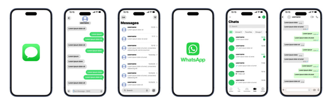 iMessage and WhatsApp 2025 UI showing full chat layout with bubble messages, group chats, reactions, tapbacks, media sharing, stickers, voice notes, notifications, and interactive modern mobile.