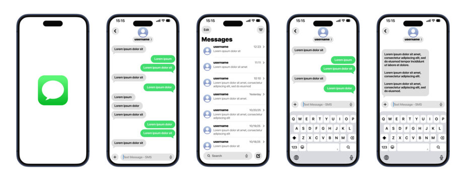 iMessage 2025 UI showing full chat layout with bubble messages, group chats, reactions, tapbacks, attachments, stickers, media sharing, notifications, and interactive modern Apple interface vector.