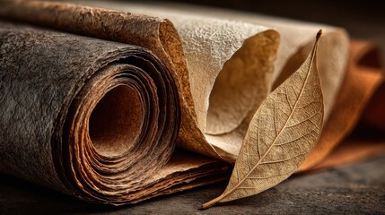 Close up of textured layers of earth-toned mulberry paper showing natural rough fiber details for background use and decorative applications