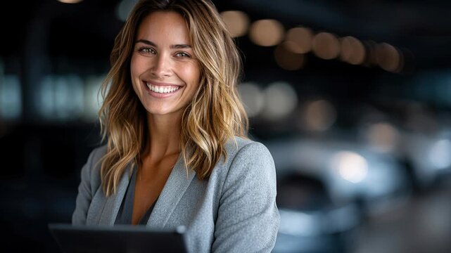 caucasian female car consultant with tablet in modern luxury showroom, standing beside sleek sports car, warm smile, casual blazer, soft lighting, shallow depth