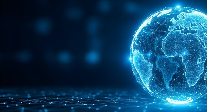 Abstract glowing digital globe with circuitry on dark background