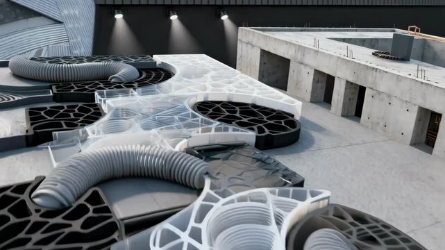 Medium shot of mixed materials 3D printed formwork combining flexible and rigid components illustrating advanced customization and adaptability in modern building design.
