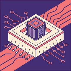 Naklejka premium Isometric Microchip with Circuit Board Connections