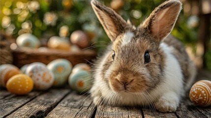 Brown and white rabbit sits among colorful Easter eggs on a rustic wooden surface during Spring, enjoying the soft sunlight and blurred green background
