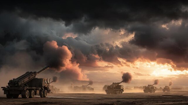 Military Vehicles Firing Missiles Under Dramatic Sky: Power, Destruction, and Technological Warfare Concept