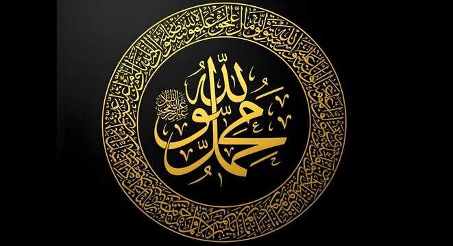Golden arabic calligraphy of allah and muhammad on a black background in a circular design