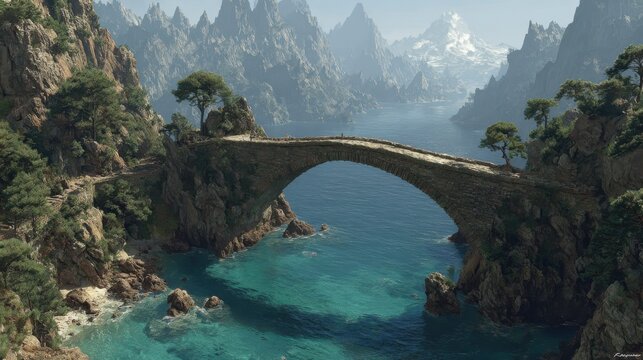 Coastal bridge spans turquoise water near Amalfi Coast, connecting dramatic cliffs and lush greenery under a bright sky - Powered by Adobe