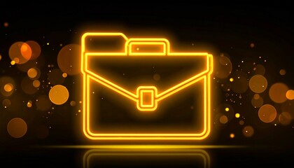 Bright neon briefcase with glowing particles against a dark background, symbolizing business and professionalism
