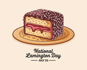 A piece of lamington cake with jelly on a plate for national lamington day july