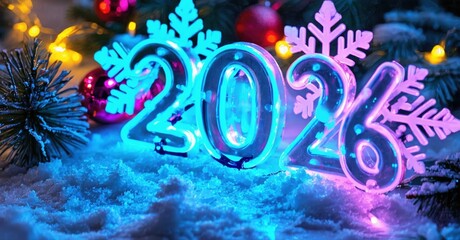 Bright glowing numbers represent year 2023. Snowflakes, lights, festive decorations create winter holiday mood. Colorful, vibrant scene.