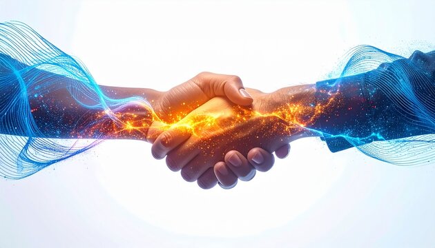 Collaboration between two people demonstrated through a creative handshake design with glowing elements