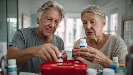 Senior couple checking home medicine cabinet together. Elderly pair organizing first aid kit indoors. Mature retirees reviewing medications at home. Active citizens managing healthcare supplies.