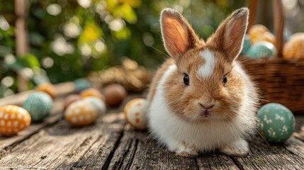 Brown and white rabbit sits among colorful Easter eggs on a rustic wooden surface during Spring, enjoying the soft sunlight and blurred green background