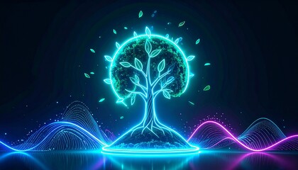 Glowing neon tree with leaves and colorful waves in a dark environment at night
