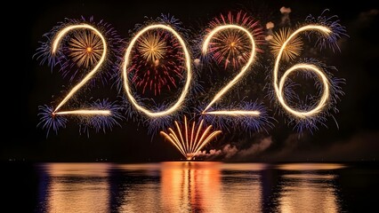 New year 2026 fireworks celebration over water reflection