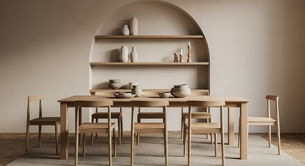 Modern minimalist dining room interior with wooden table chairs and neutral colors design