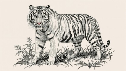 A tiger walking through grasslands, detailed black and white illustration.