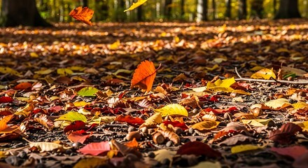 Obraz premium Autumn forest floor carpeted with colorful fallen leaves and acorns in sunlight