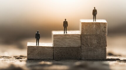 Three levels of management depicted by tiny figures climbing a gold textured step display, showing top, middle, and lower levels