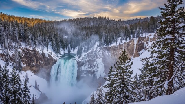A snow-covered forest surrounding a waterfall and canyon in winter.
