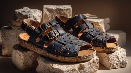 Comfortable navy and black sandals with adjustable straps on cream blocks in studio for microstock, showcasing footwear with woven detail and cushioned footbeds