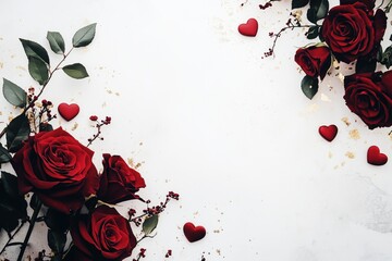 Frame, romantic arrangement of red roses and heart decorations for special occasions and celebrations. Concept of Saint Valentine Day and 8 Mart celebration.