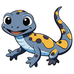 Smiling Cartoon Salamander with Blue Skin and Yellow Spots, on White