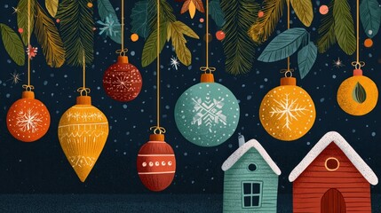 Greeting cards and posters with holiday elements including ornaments, winter scenes, and cozy decorations