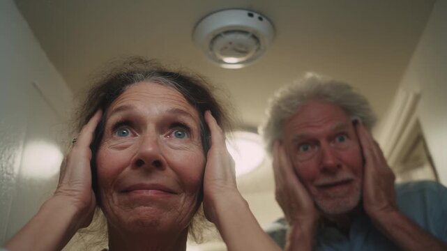 Senior couple covering ears from loud fire alarm noise. Elderly pair blocking sound of smoke detector. Mature retirees reacting to alarm beeping indoors. Active citizens emergency alert situation.