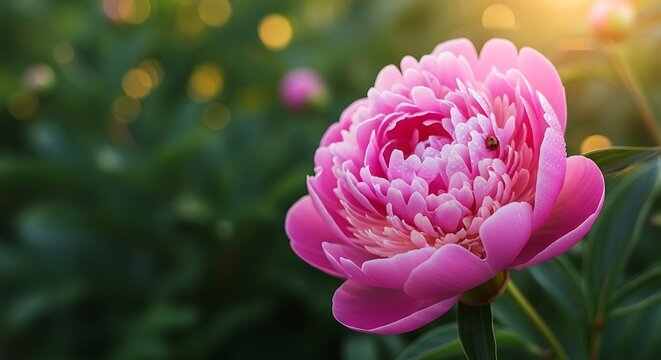 Close-up of a delicate pink peony flower with a tiny ladybug in soft sunlight