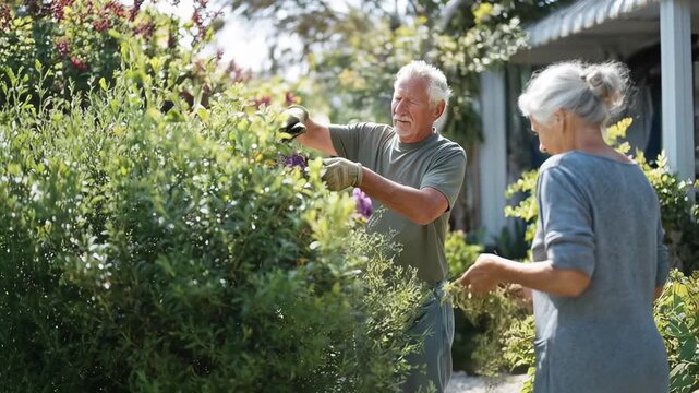 Senior couple trimming bushes in garden together. Elderly pair pruning shrubs outdoors with shears. Mature retirees doing yard work at home. Active citizens gardening hobby activity.