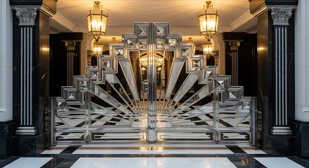 Elegant art deco style metal gate with sunburst design and ornate lamps in a luxurious hotel lobby entrance with marble flooring