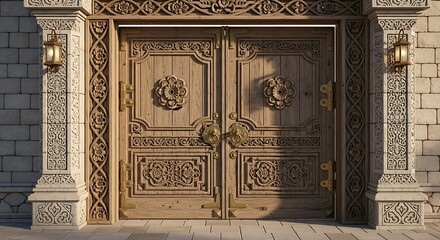 Ornate and intricately carved antique wooden double doors with decorative metal hardware set within a stone facade and flanked by illuminated pillars suggesting a grand entrance